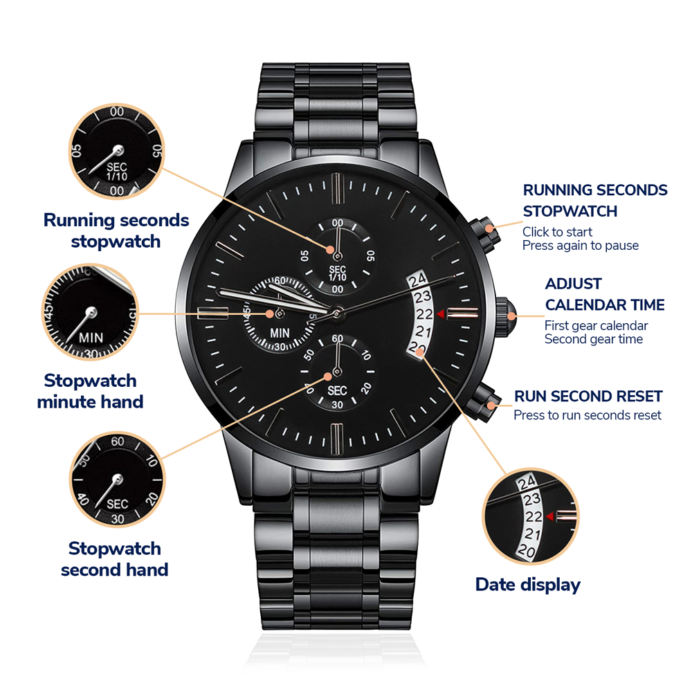 - Black Chronograph Stainless Steal  Watch-Upload A Special Message On The Back