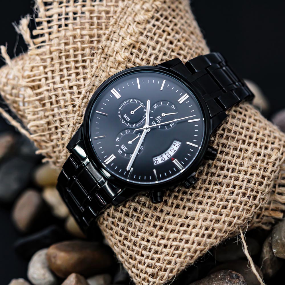 - Black Chronograph Stainless Steal  Watch-Upload A Special Message On The Back