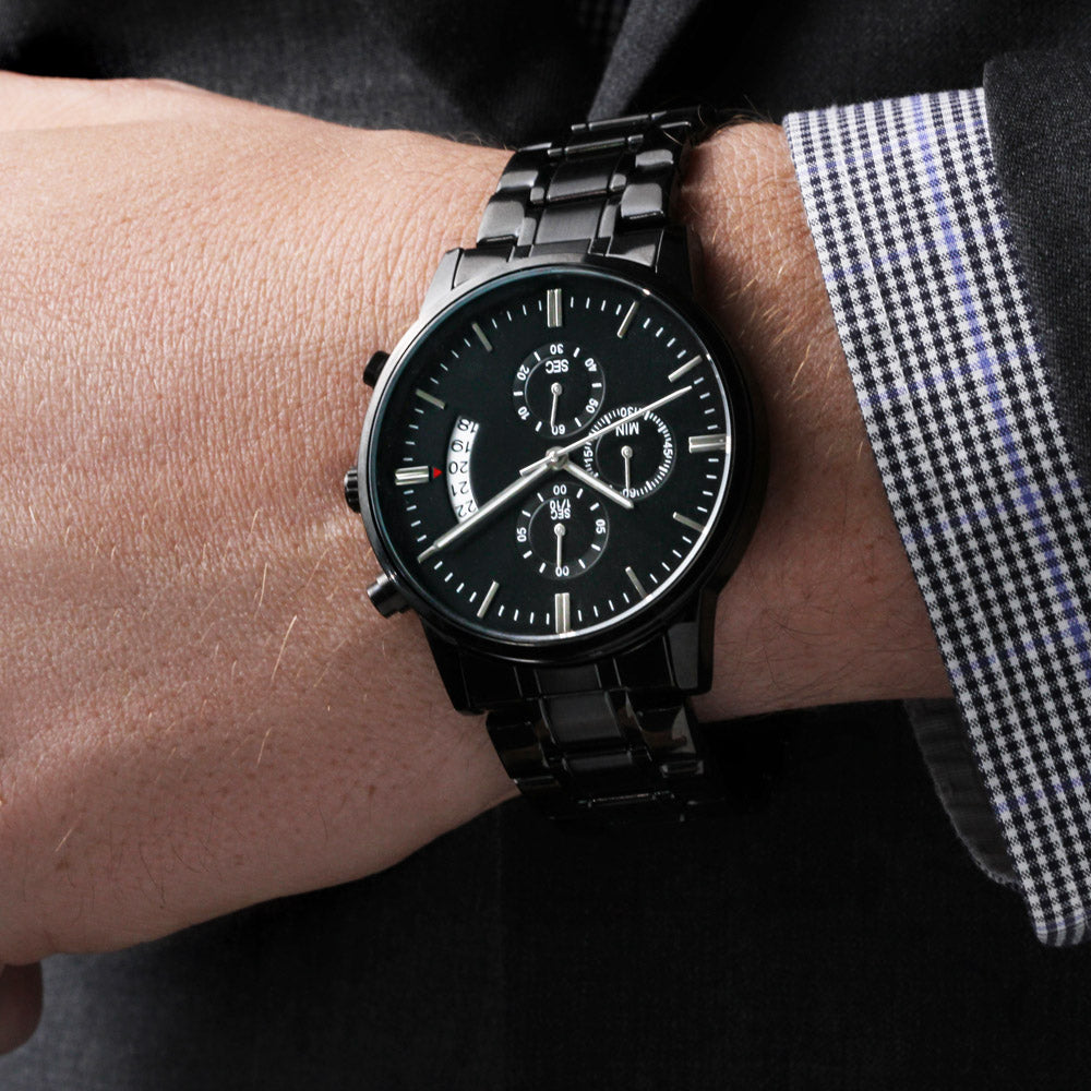- Black Chronograph Stainless Steal  Watch-Upload A Special Message On The Back