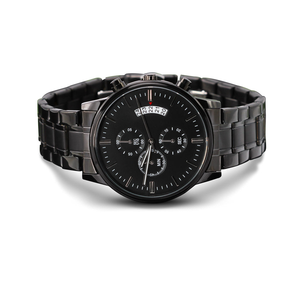 - Black Chronograph Stainless Steal  Watch-Upload A Special Message On The Back