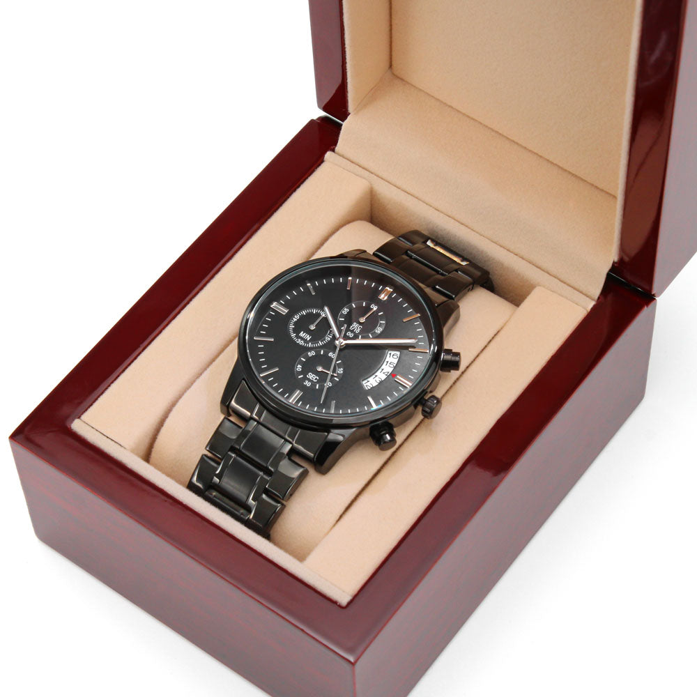 - Black Chronograph Stainless Steal  Watch-Upload A Special Message On The Back