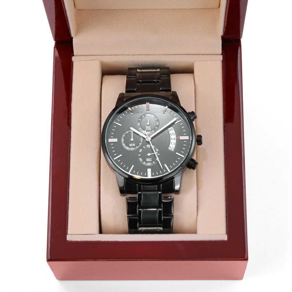 - Black Chronograph Stainless Steal  Watch-Upload A Special Message On The Back