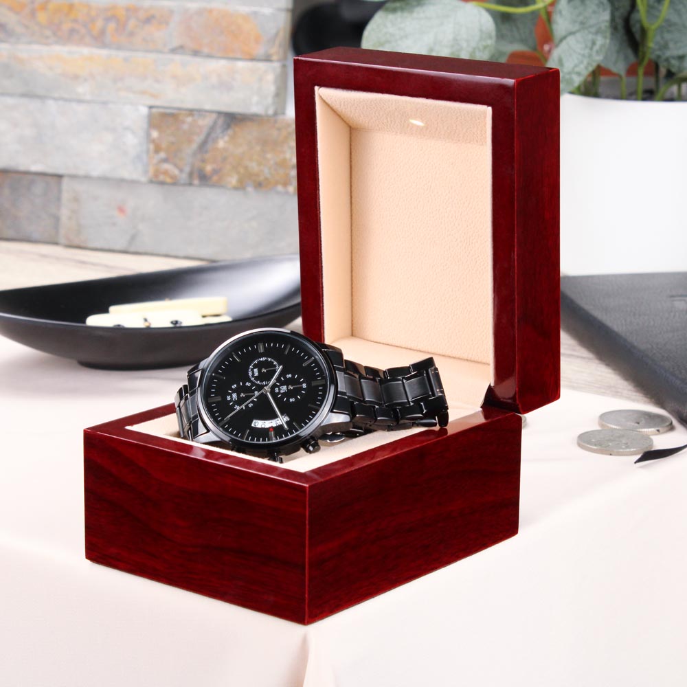 - Black Chronograph Stainless Steal  Watch-Upload A Special Message On The Back