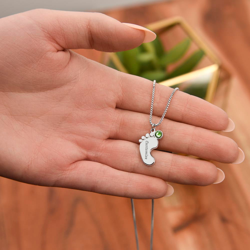 MOM-Engraved Baby Feet Necklace with Birthstones