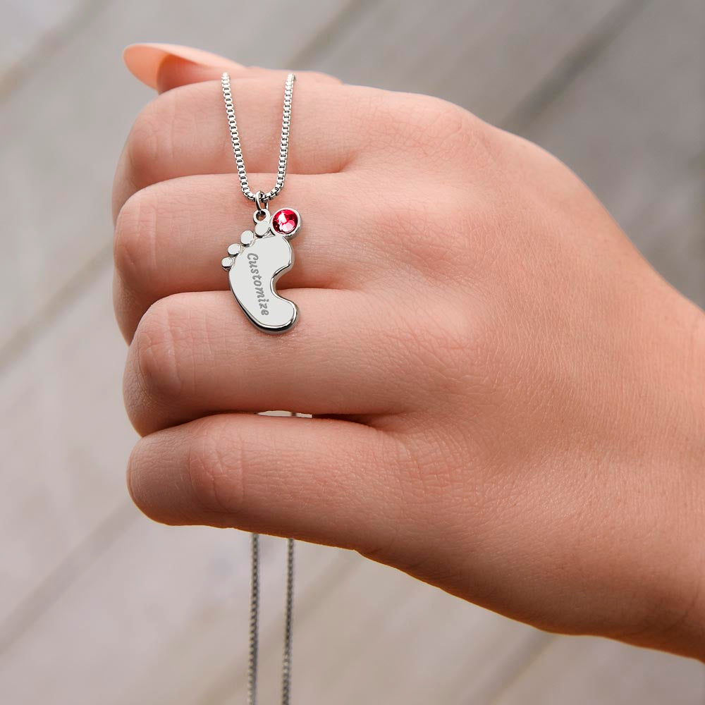 MOM-Engraved Baby Feet Necklace with Birthstones