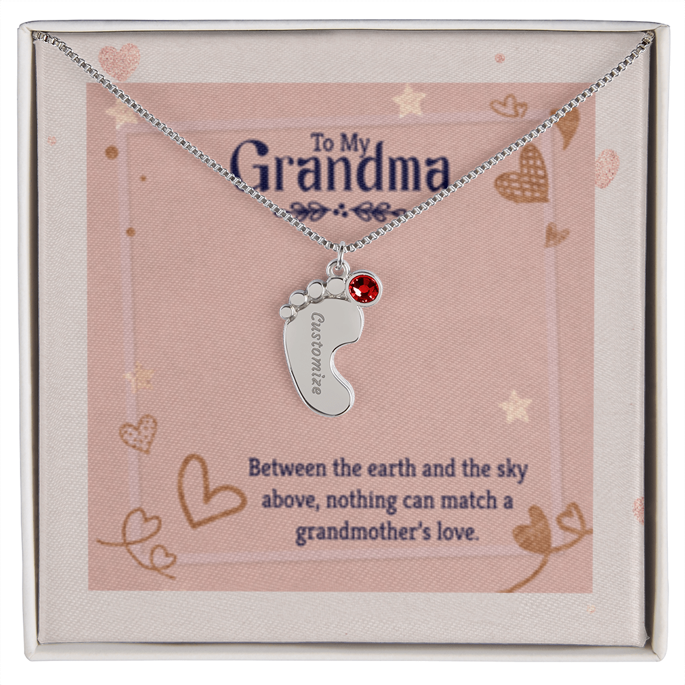 Nothing Can Match a GRANDMOTHER'S Love - Engraved Baby Feet Necklace with Birthstones
