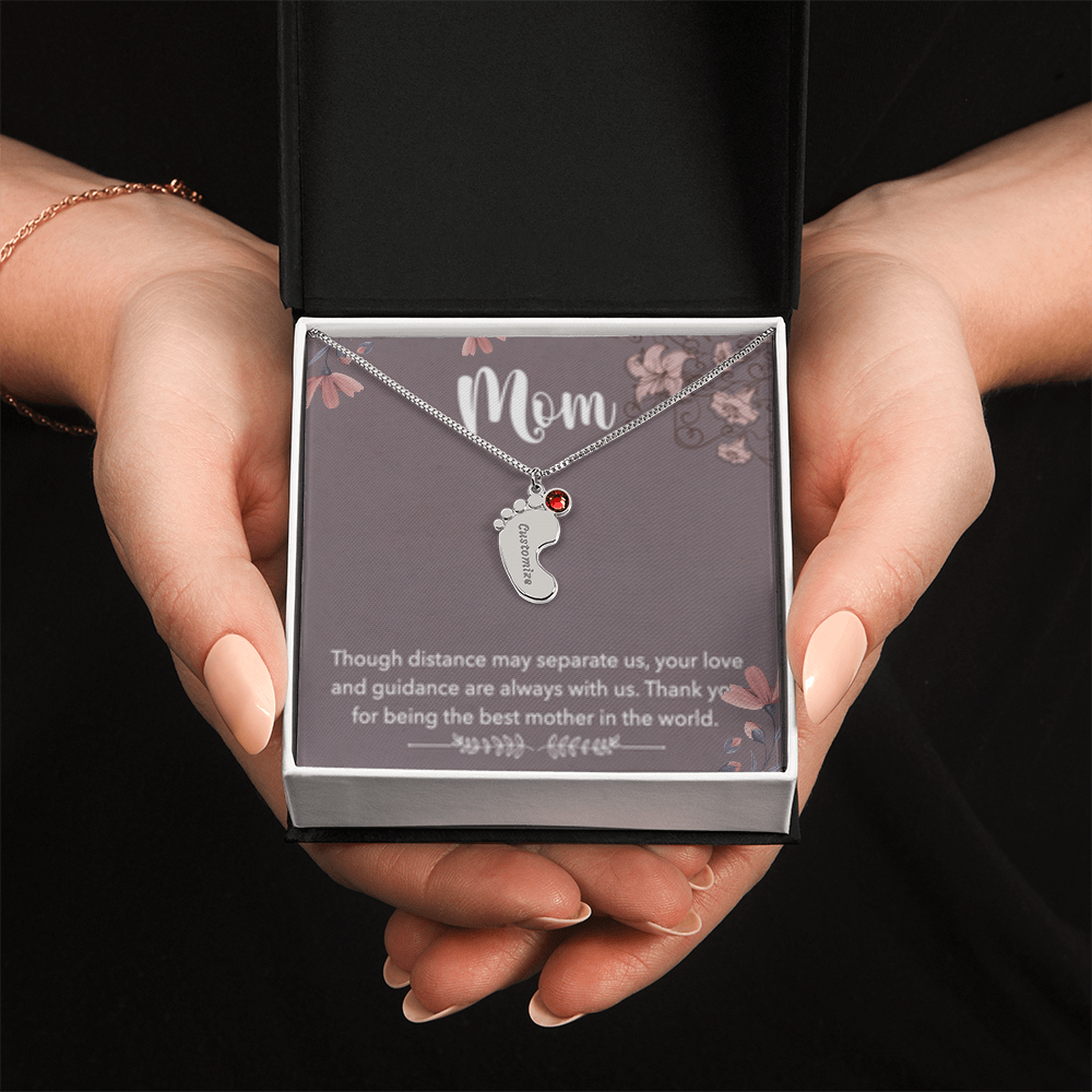 MOM-Engraved Baby Feet Necklace with Birthstones
