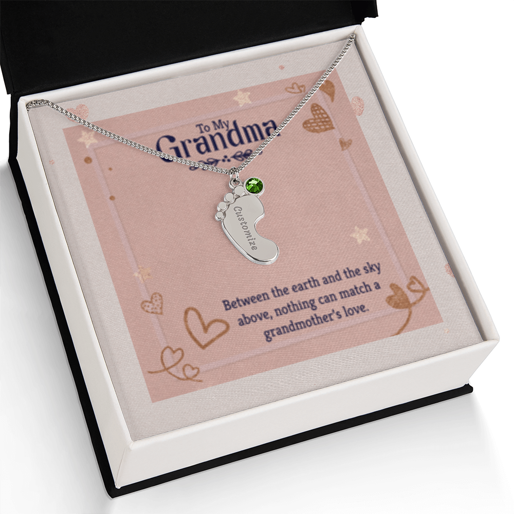 Nothing Can Match a GRANDMOTHER'S Love - Engraved Baby Feet Necklace with Birthstones