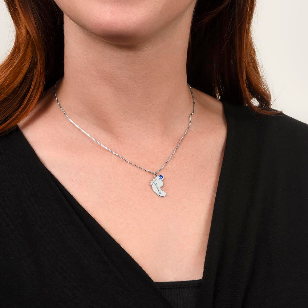 MOM-Engraved Baby Feet Necklace with Birthstones