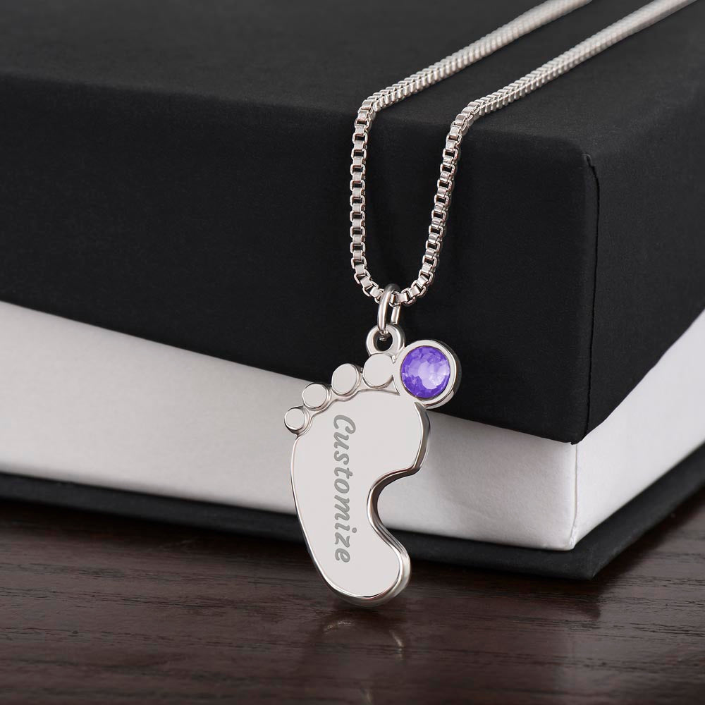 MOM-Engraved Baby Feet Necklace with Birthstones