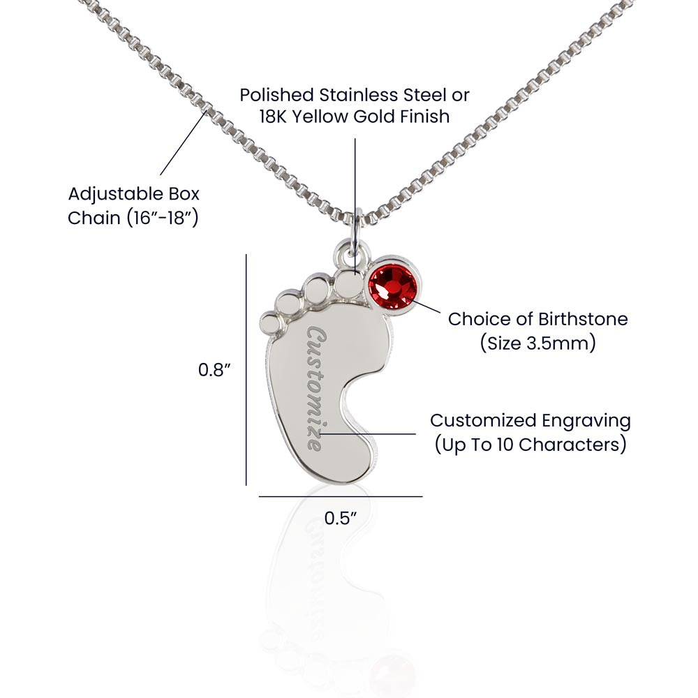 MOM-Engraved Baby Feet Necklace with Birthstones