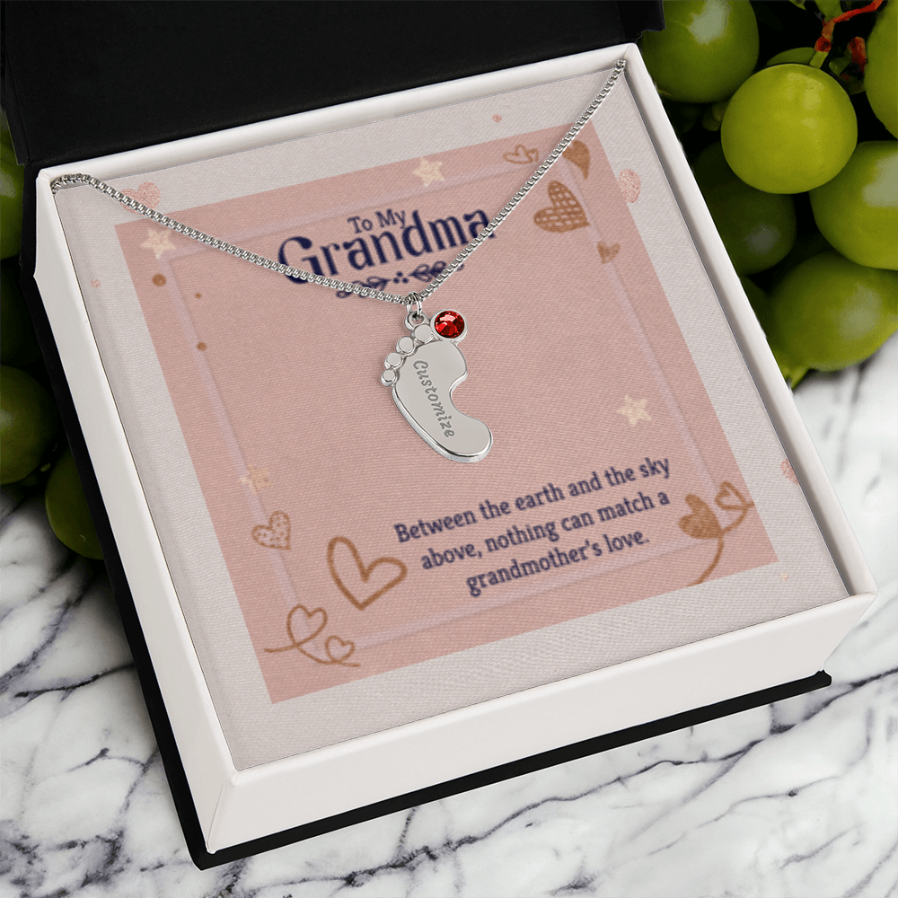 Nothing Can Match a GRANDMOTHER'S Love - Engraved Baby Feet Necklace with Birthstones