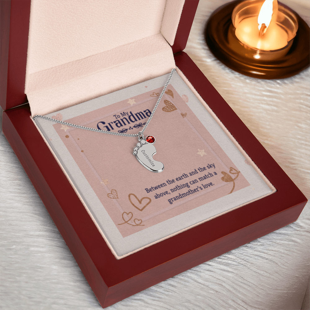 Nothing Can Match a GRANDMOTHER'S Love - Engraved Baby Feet Necklace with Birthstones