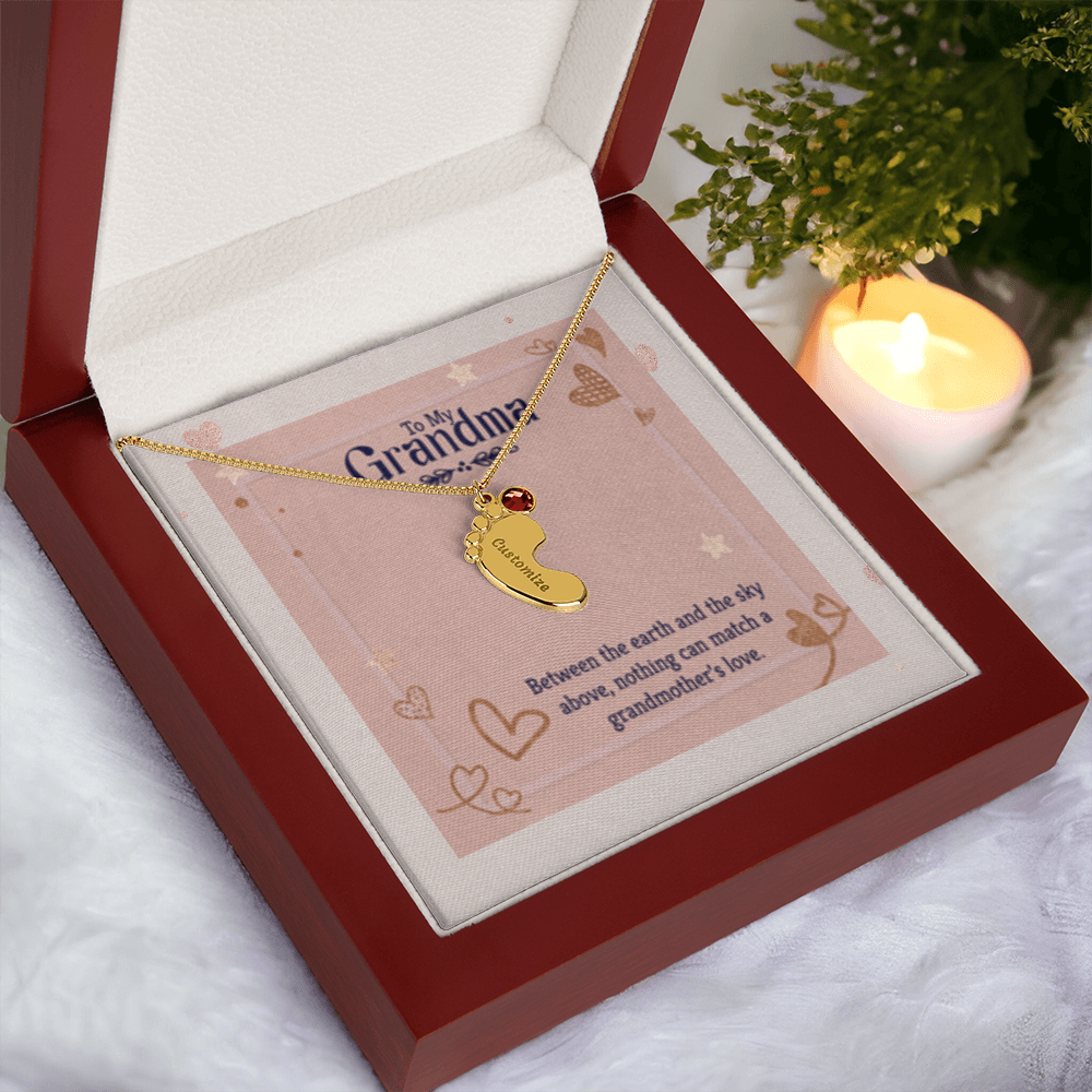 Nothing Can Match a GRANDMOTHER'S Love - Engraved Baby Feet Necklace with Birthstones