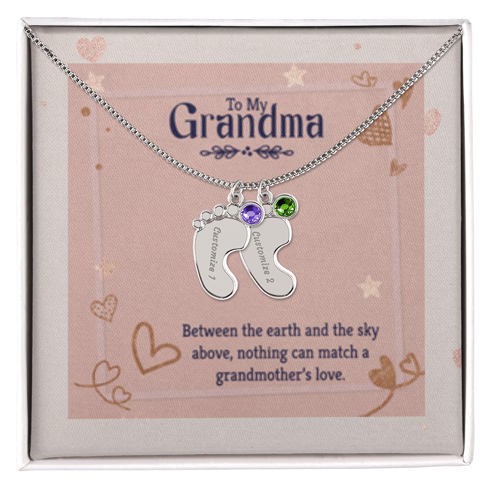 Nothing Can Match a GRANDMOTHER'S Love - Engraved Baby Feet Necklace with Birthstones