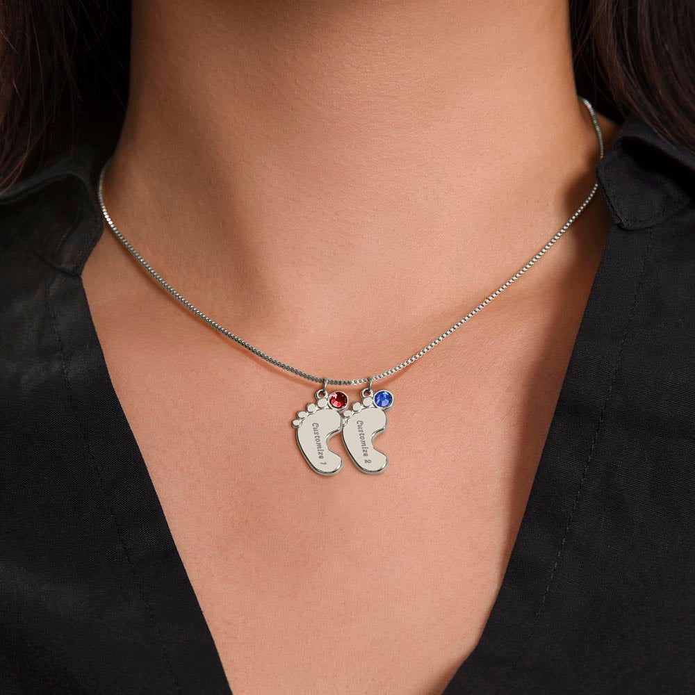 MOM-Engraved Baby Feet Necklace with Birthstones