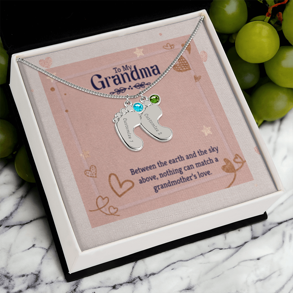 Nothing Can Match a GRANDMOTHER'S Love - Engraved Baby Feet Necklace with Birthstones