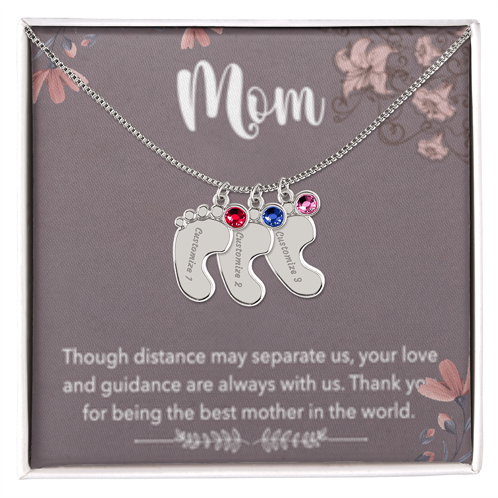 MOM-Engraved Baby Feet Necklace with Birthstones