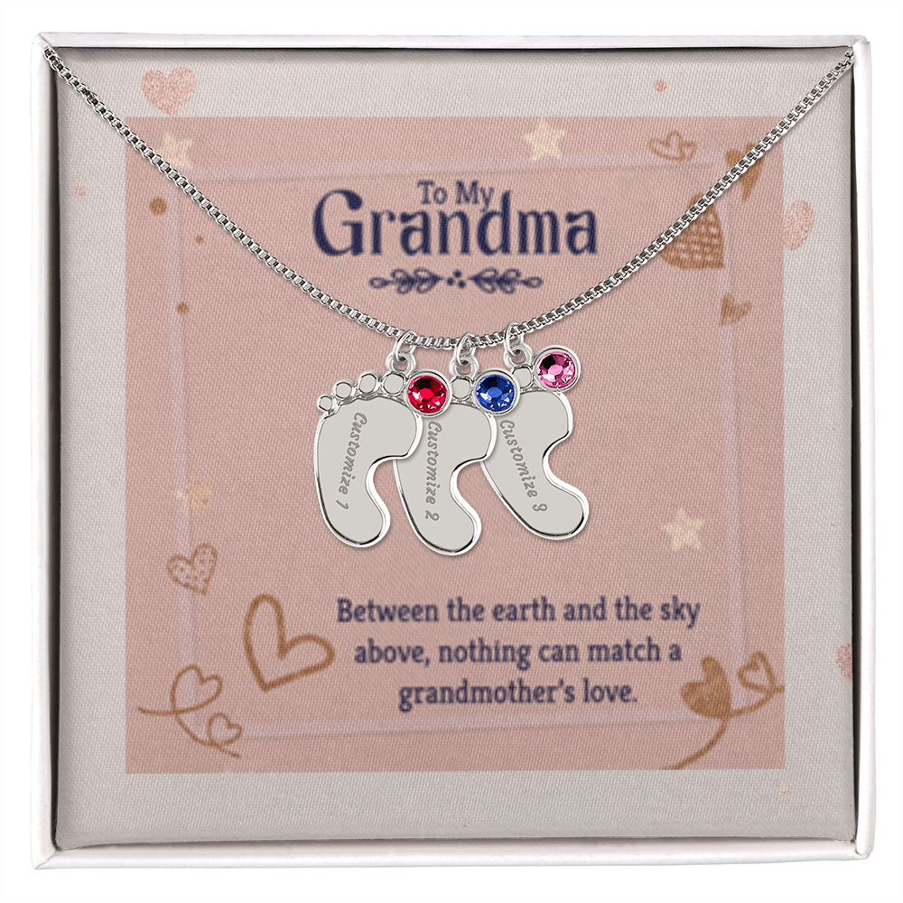 Nothing Can Match a GRANDMOTHER'S Love - Engraved Baby Feet Necklace with Birthstones