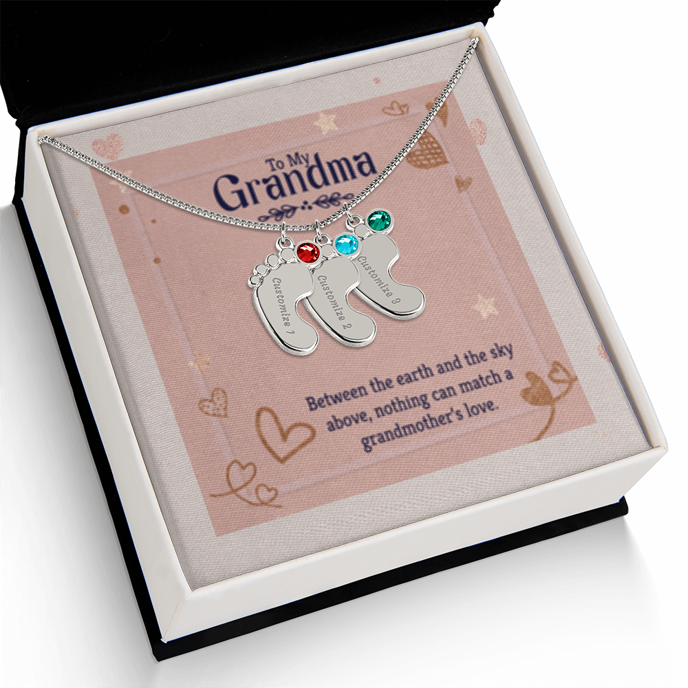 Nothing Can Match a GRANDMOTHER'S Love - Engraved Baby Feet Necklace with Birthstones