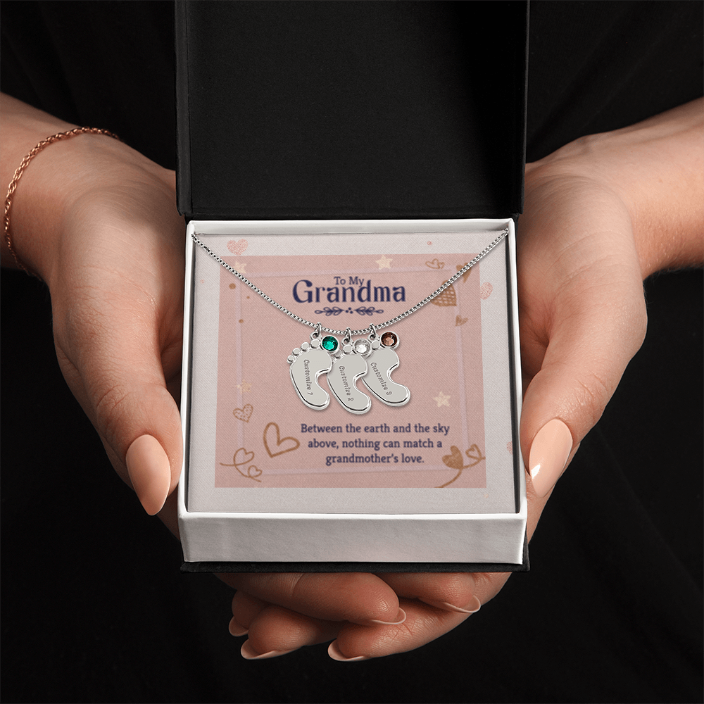 Nothing Can Match a GRANDMOTHER'S Love - Engraved Baby Feet Necklace with Birthstones