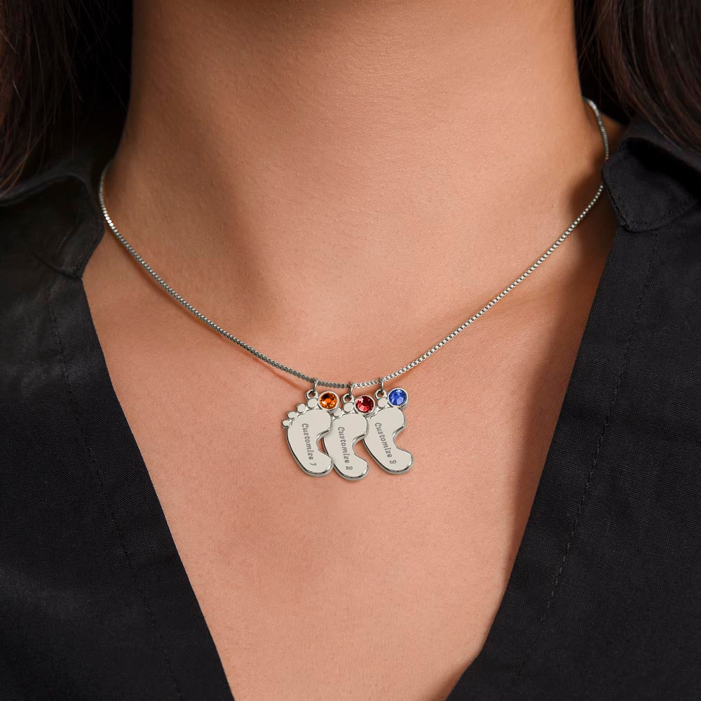 MOM-Engraved Baby Feet Necklace with Birthstones