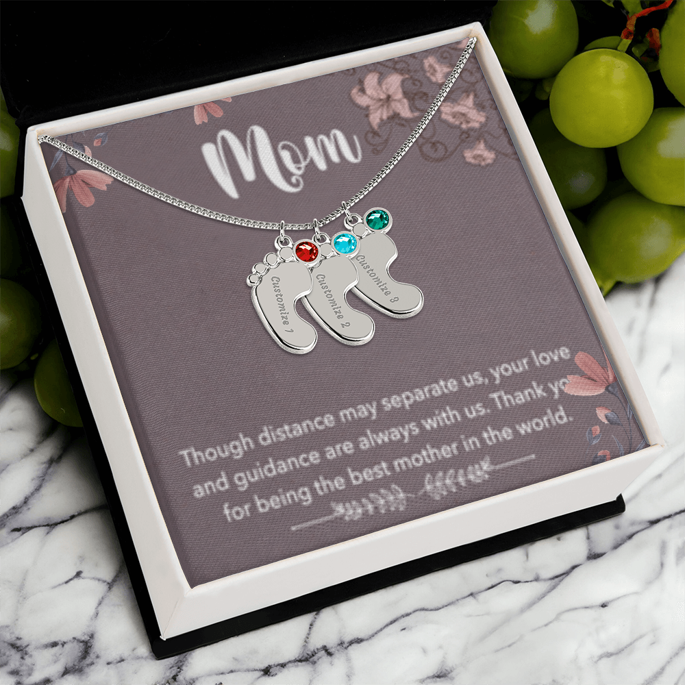 MOM-Engraved Baby Feet Necklace with Birthstones
