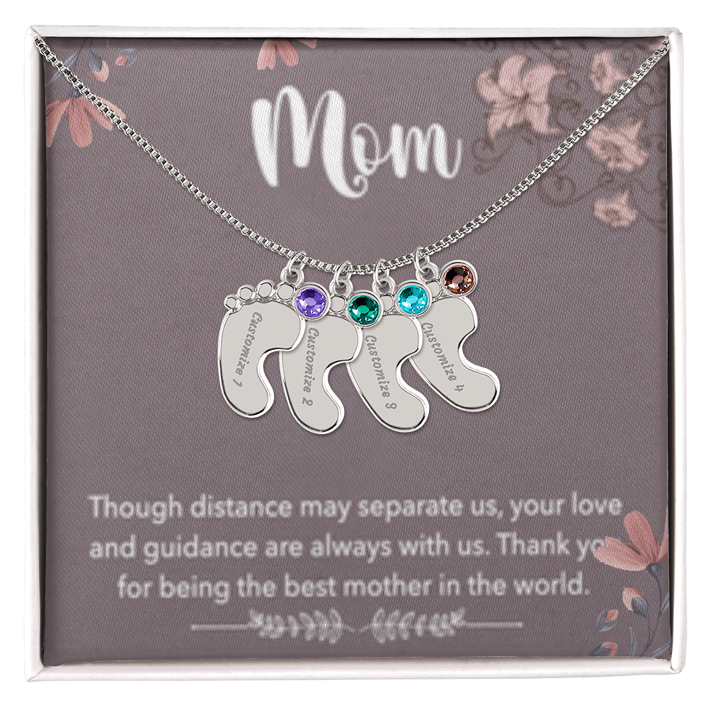 MOM-Engraved Baby Feet Necklace with Birthstones
