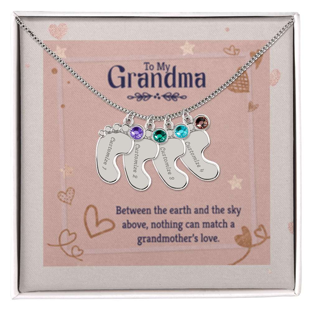Nothing Can Match a GRANDMOTHER'S Love - Engraved Baby Feet Necklace with Birthstones