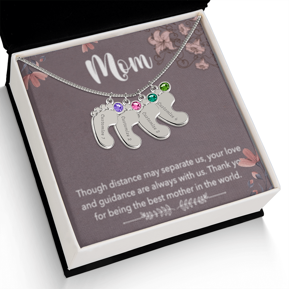 MOM-Engraved Baby Feet Necklace with Birthstones