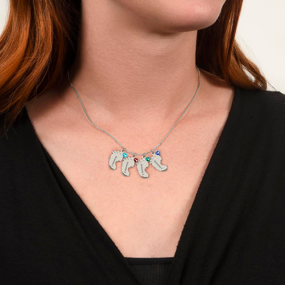 MOM-Engraved Baby Feet Necklace with Birthstones
