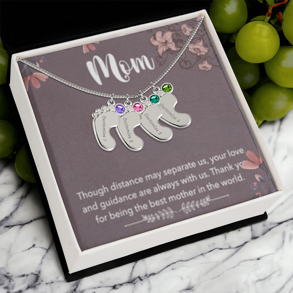 MOM-Engraved Baby Feet Necklace with Birthstones