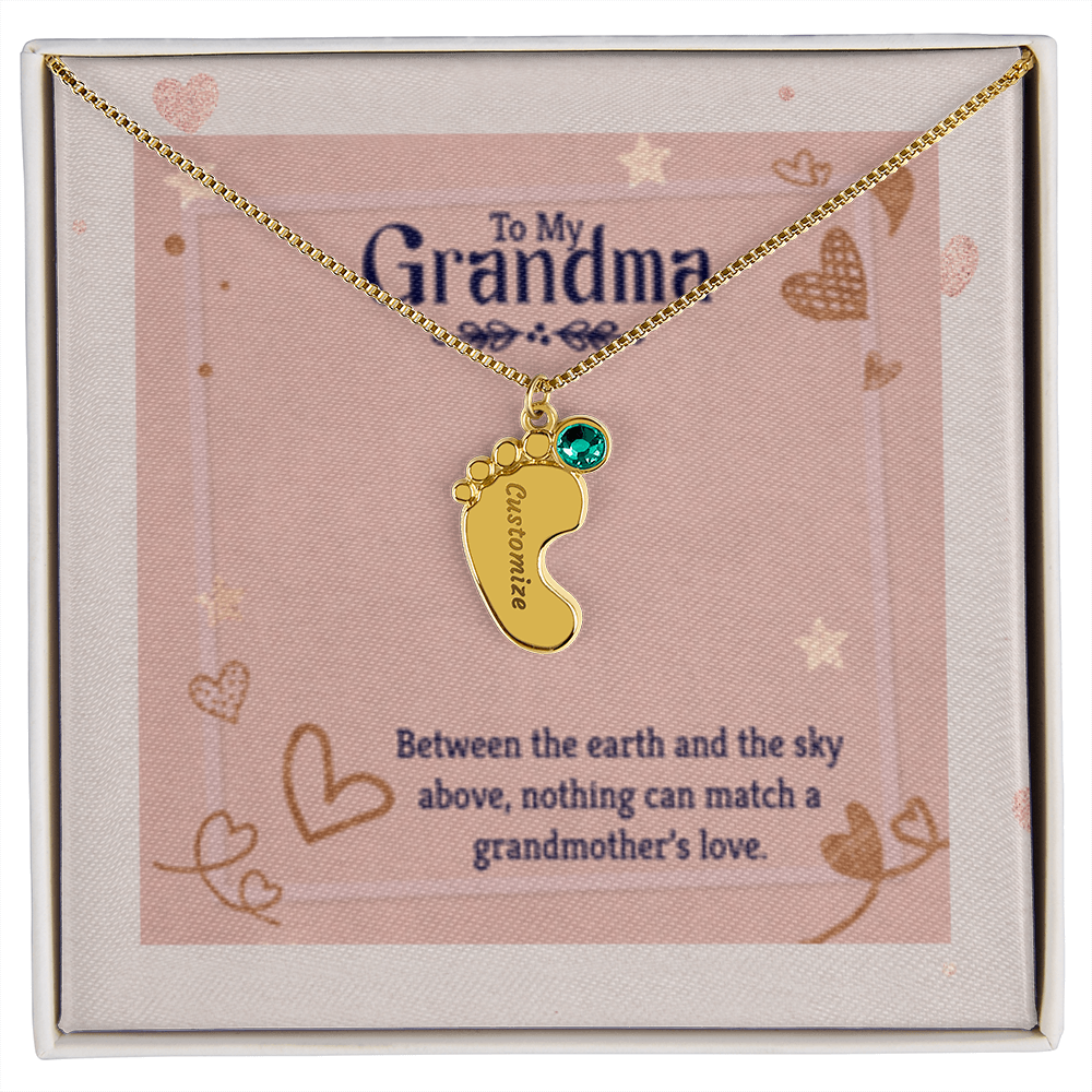 Nothing Can Match a GRANDMOTHER'S Love - Engraved Baby Feet Necklace with Birthstones