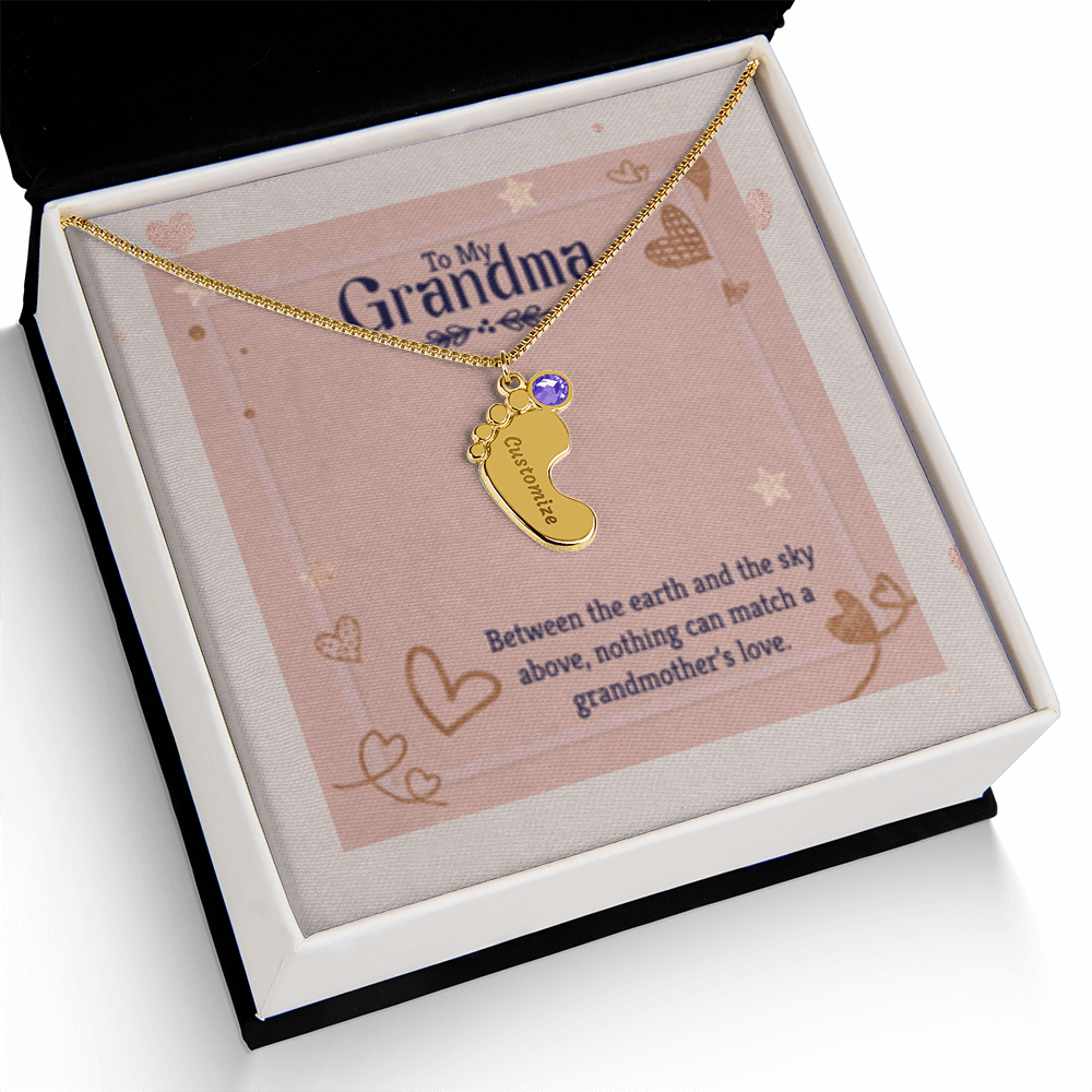 Nothing Can Match a GRANDMOTHER'S Love - Engraved Baby Feet Necklace with Birthstones