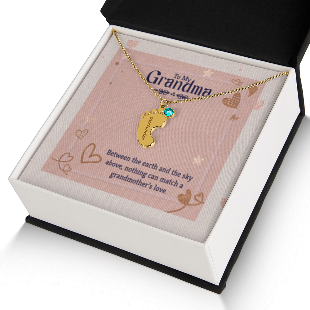 Nothing Can Match a GRANDMOTHER'S Love - Engraved Baby Feet Necklace with Birthstones