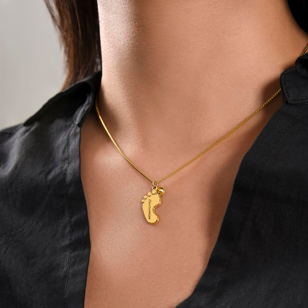 MOM-Engraved Baby Feet Necklace with Birthstones