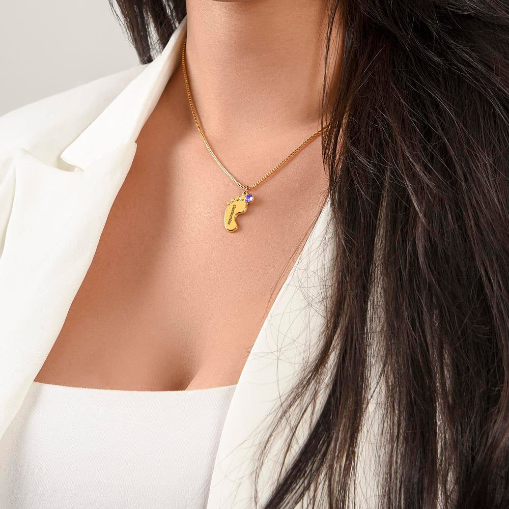 Nothing Can Match a GRANDMOTHER'S Love - Engraved Baby Feet Necklace with Birthstones