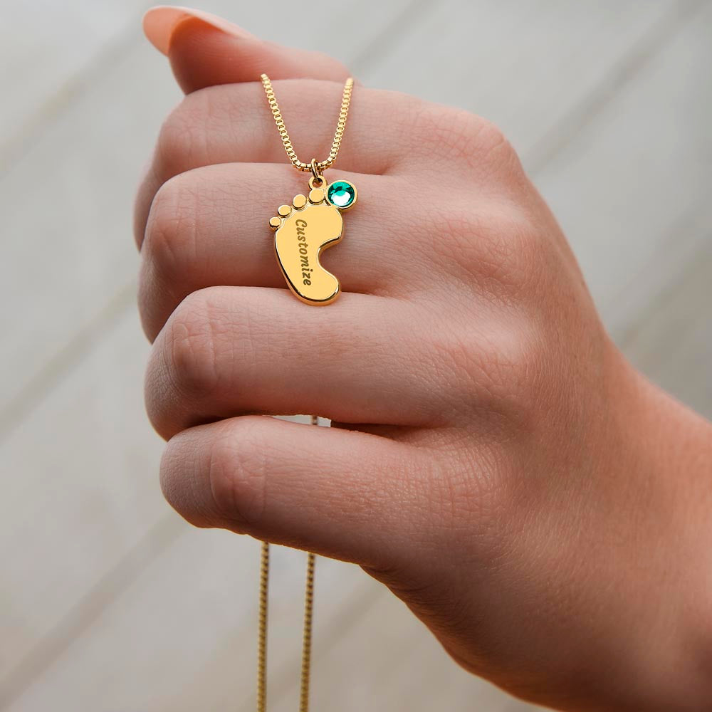 Nothing Can Match a GRANDMOTHER'S Love - Engraved Baby Feet Necklace with Birthstones