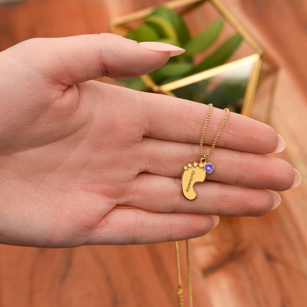 MOM-Engraved Baby Feet Necklace with Birthstones