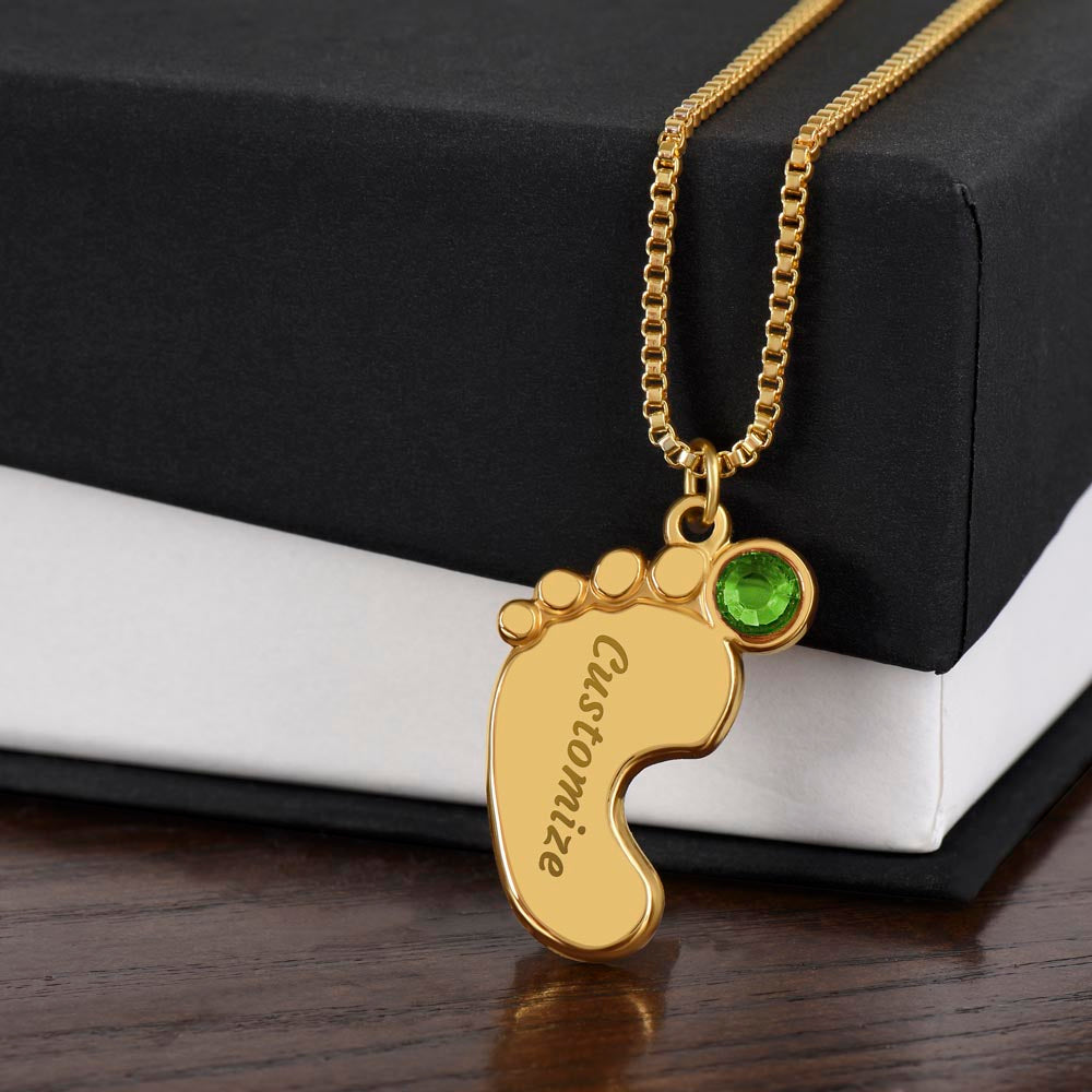 MOM-Engraved Baby Feet Necklace with Birthstones