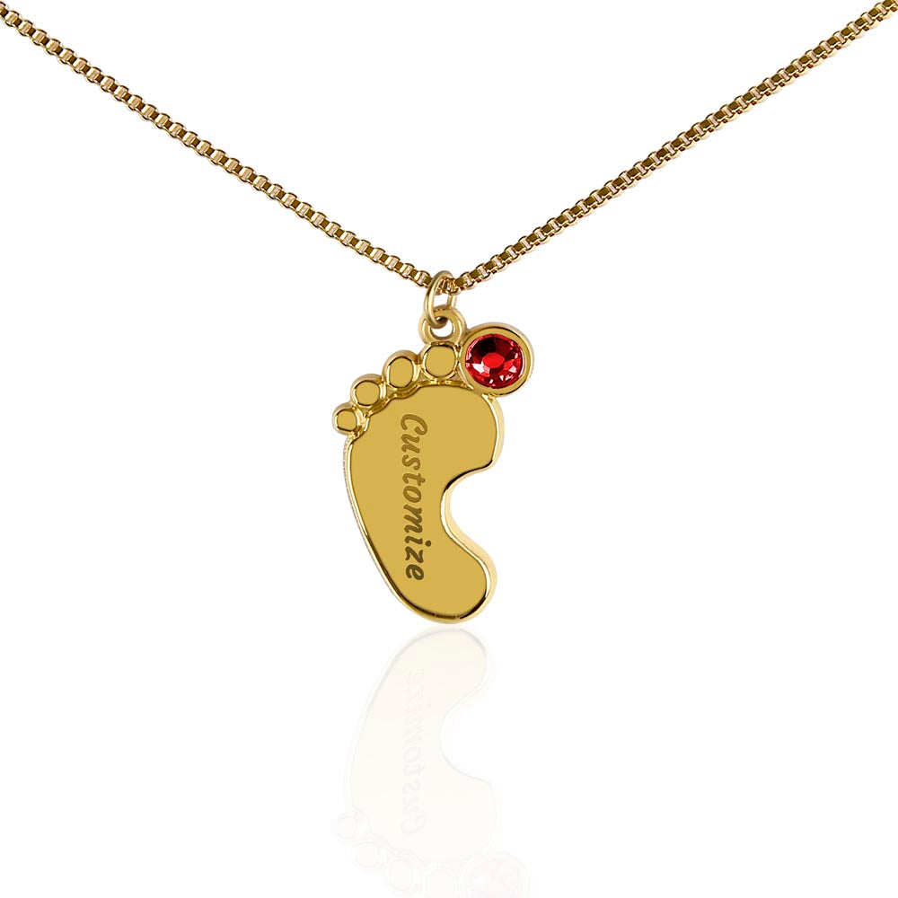 MOM-Engraved Baby Feet Necklace with Birthstones