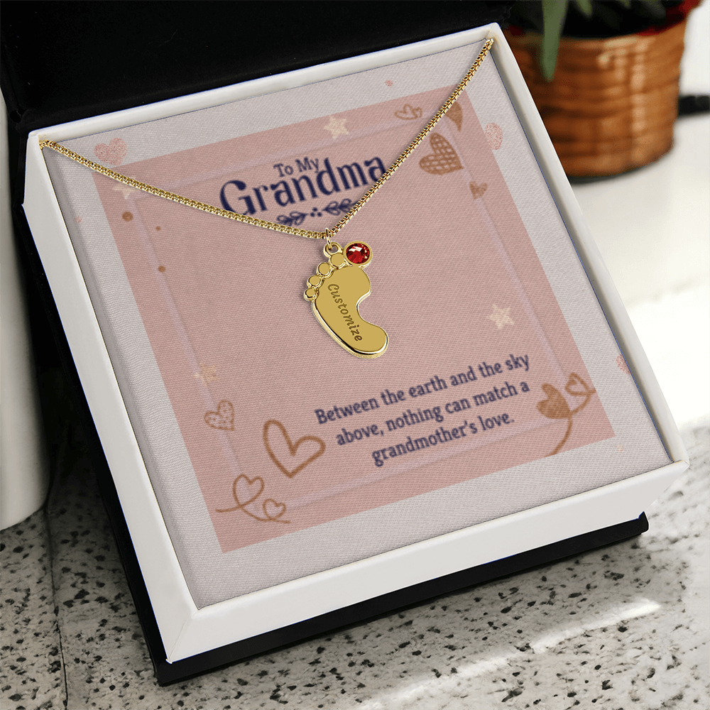 Nothing Can Match a GRANDMOTHER'S Love - Engraved Baby Feet Necklace with Birthstones