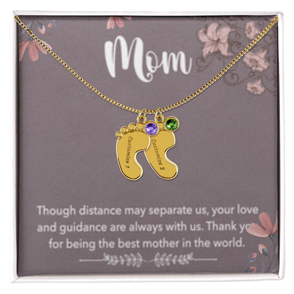 MOM-Engraved Baby Feet Necklace with Birthstones