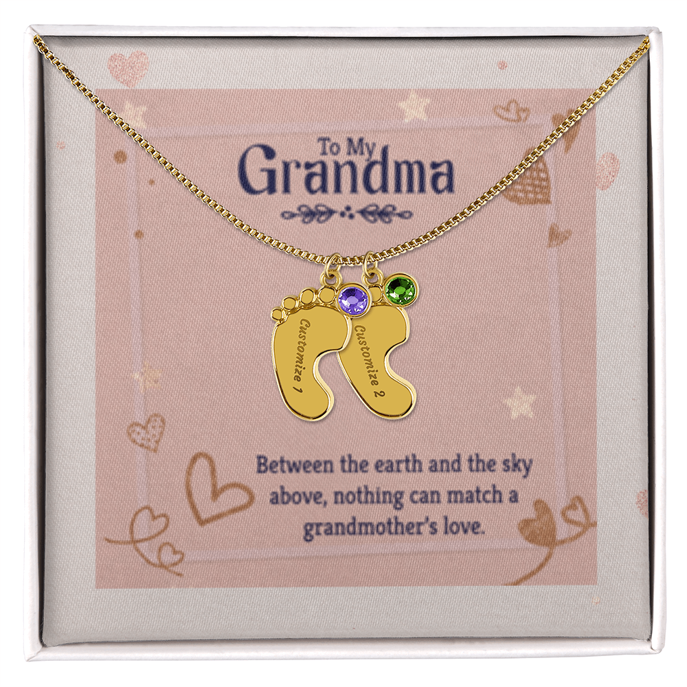 Nothing Can Match a GRANDMOTHER'S Love - Engraved Baby Feet Necklace with Birthstones