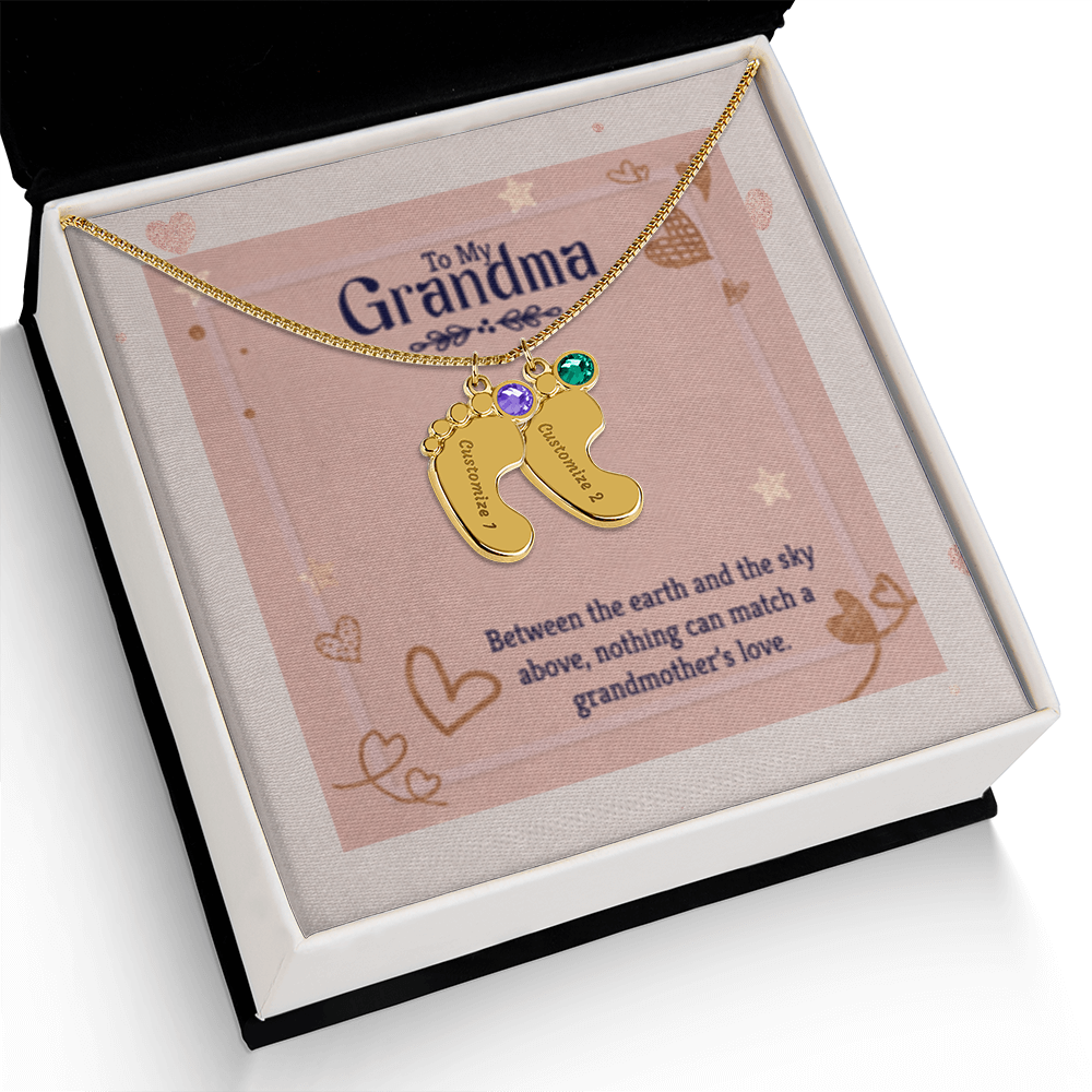 Nothing Can Match a GRANDMOTHER'S Love - Engraved Baby Feet Necklace with Birthstones
