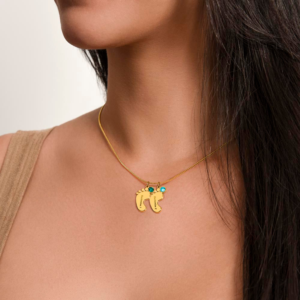 Nothing Can Match a GRANDMOTHER'S Love - Engraved Baby Feet Necklace with Birthstones