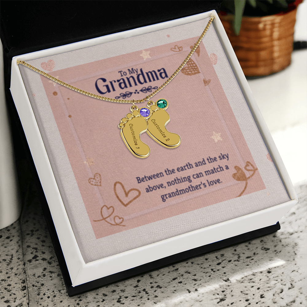 Nothing Can Match a GRANDMOTHER'S Love - Engraved Baby Feet Necklace with Birthstones