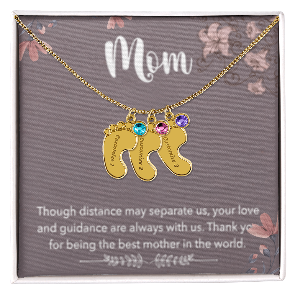 MOM-Engraved Baby Feet Necklace with Birthstones