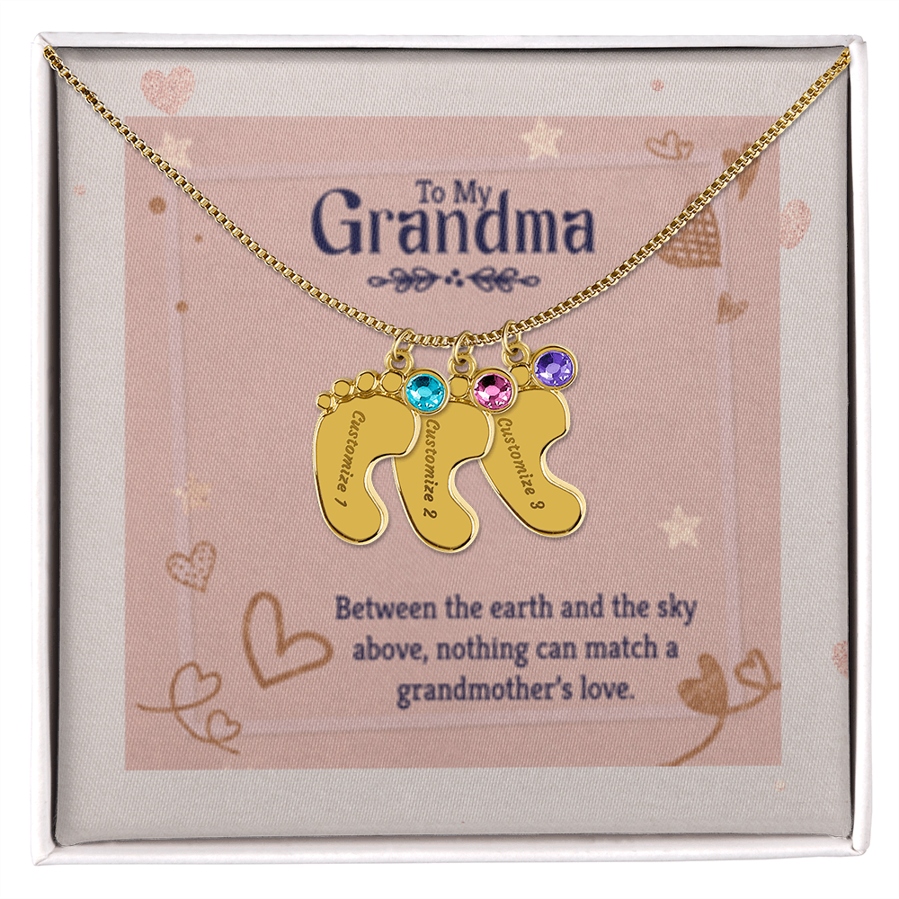 Nothing Can Match a GRANDMOTHER'S Love - Engraved Baby Feet Necklace with Birthstones