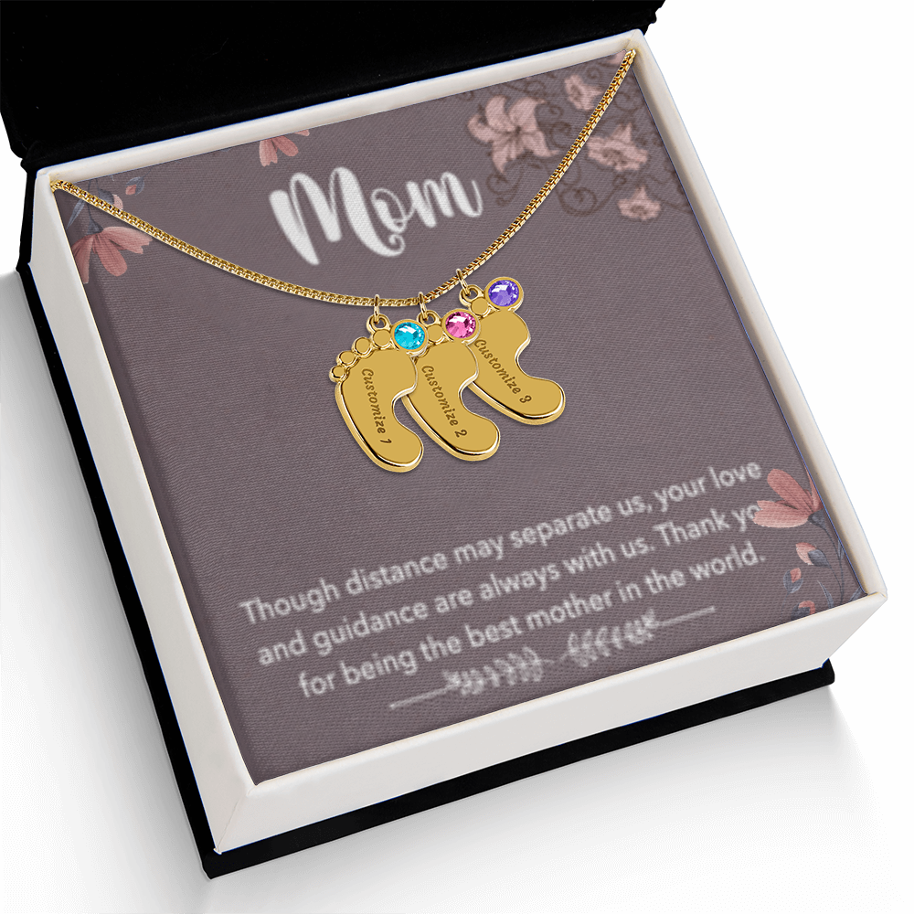 MOM-Engraved Baby Feet Necklace with Birthstones